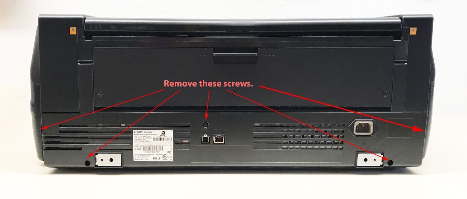Photograph of the Back of the P800 Printer showing where to unscrew.